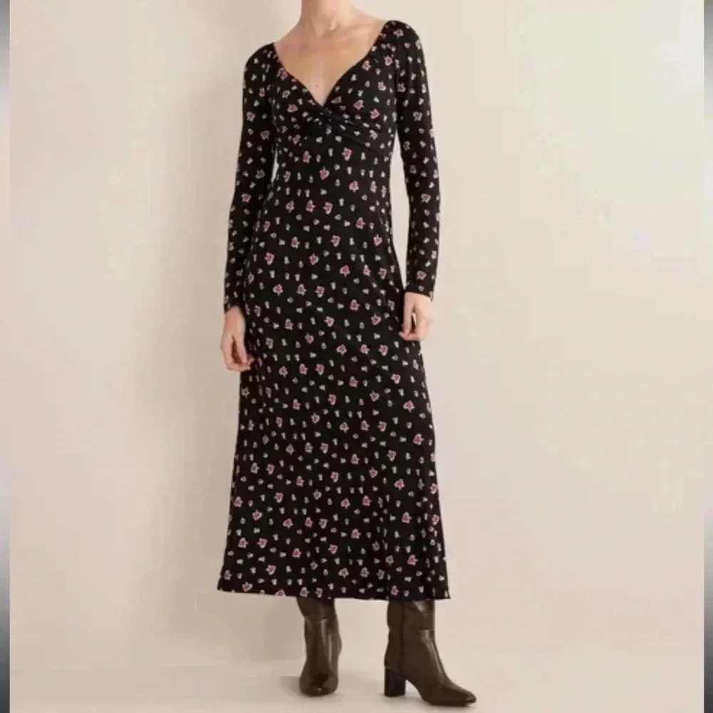 Boden | Black Floral Print Sweetheart Jersey Midi Dress Size 12R NWT